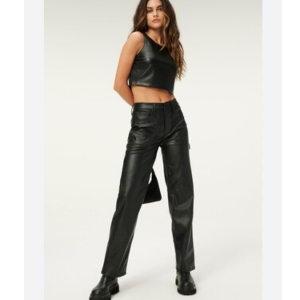 Good American Black Faux Leather 90s Wide Leg Pants sz 14